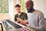 Male student, learning and piano with teacher indoors for creativity or skill with diversity. Music, lesson and keyboard with black man and instructor or performance as artist in home with training.