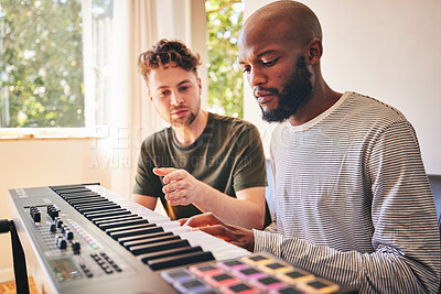 Buy stock photo Male student, learning and piano with teacher for education or creativity with diversity. Music, lesson and keyboard with black man and instructor or performance as artist in home with training.