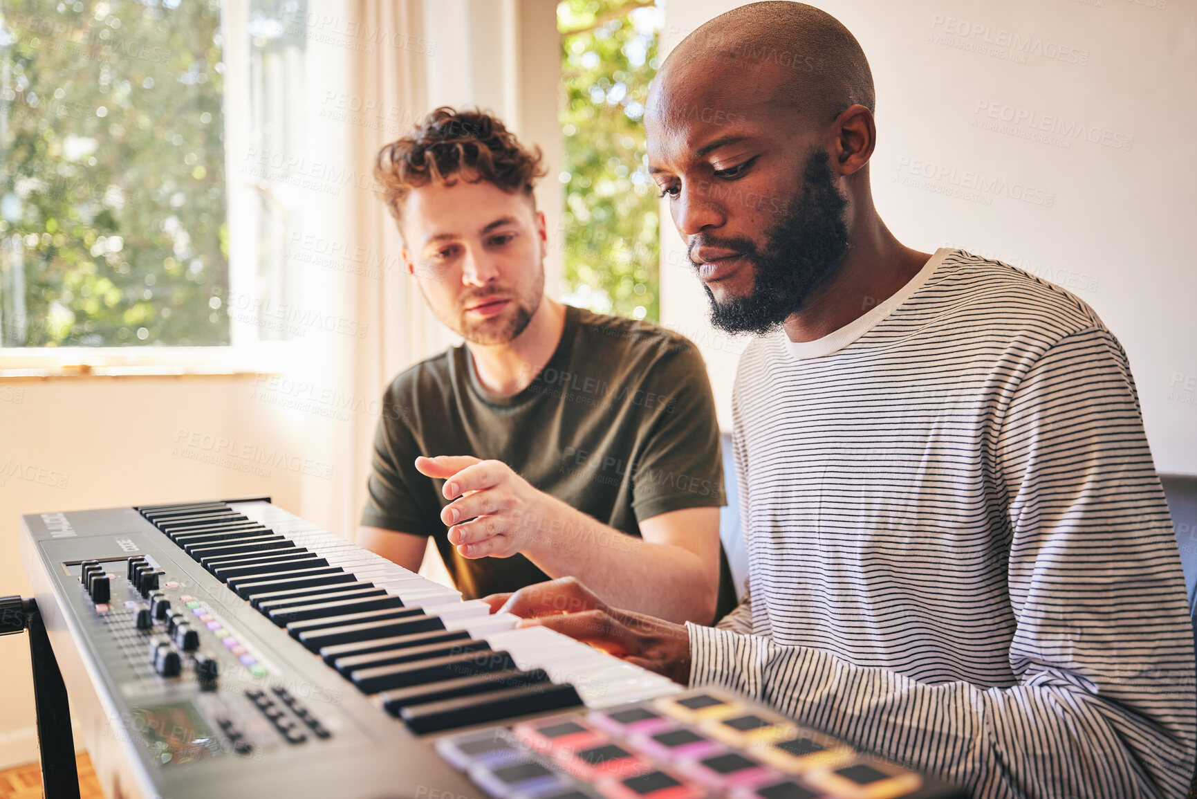 Buy stock photo Male student, learning and piano with teacher for education or creativity with diversity. Music, lesson and keyboard with black man and instructor or performance as artist in home with training.