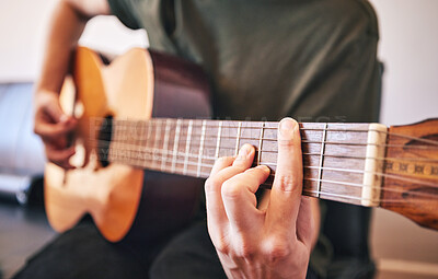 Buy stock photo Hands, person and guitar for music, talent and skills in home studio. Closeup, musician and singer playing acoustic instrument for audio performance, artist and learning notes for sound production