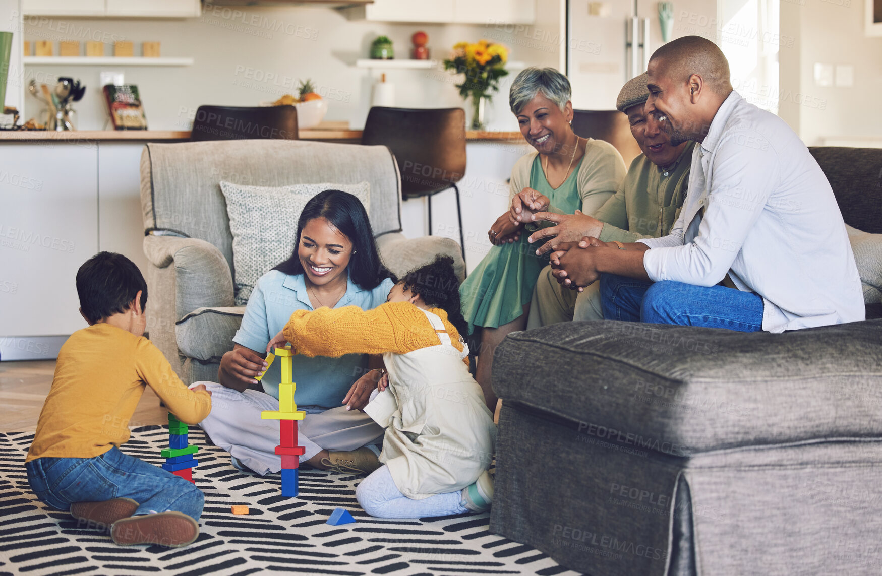 Buy stock photo Big family, parents or happy kids on floor with toys for playing, creative fun or bonding at home. Development, smile or children enjoy building blocks games to relax with mom, dad or grandparents