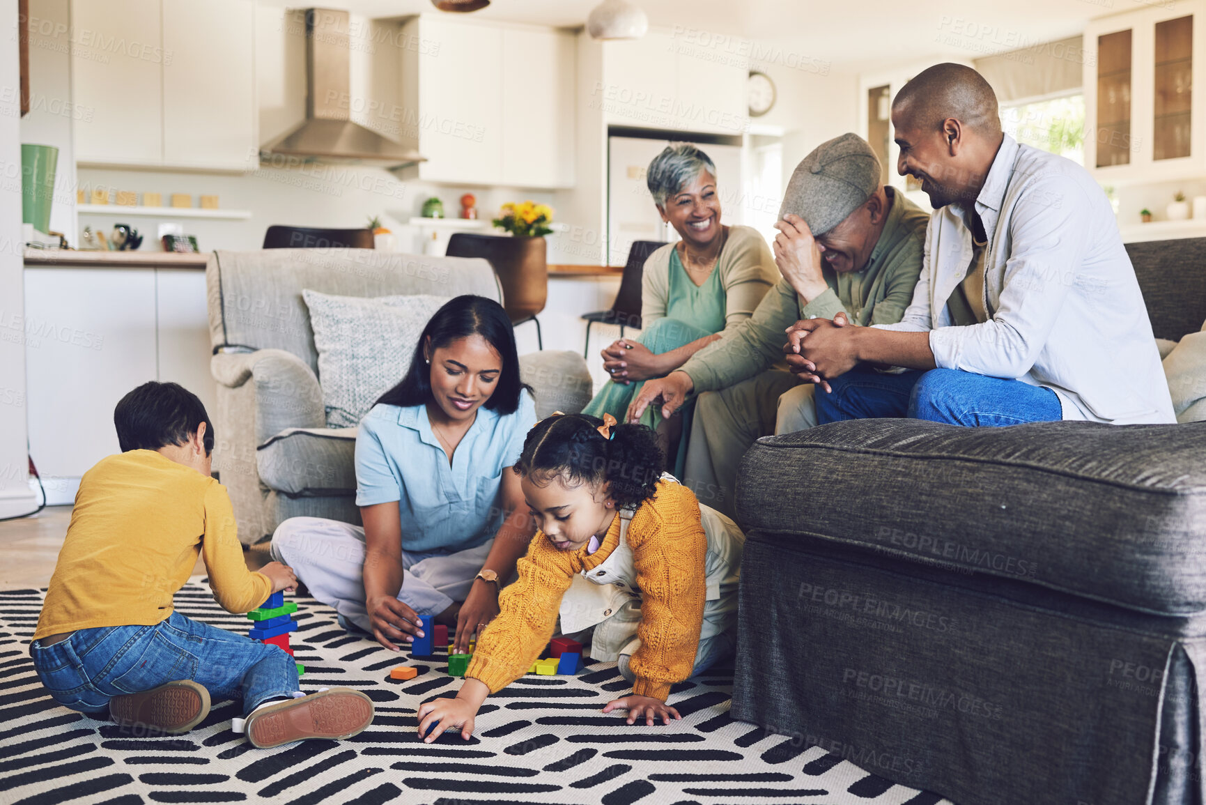 Buy stock photo Big family, love or happy children on floor with toys for playing, creative fun or bonding at home. Development, smile or kids enjoy building blocks games to relax with mom, dad or grandparents 
