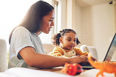 Buy stock photo Laptop, family and mother with girl for home education, website search and games for holiday, helping and support. Computer, watch and live streaming service of latino mom and child with e learning