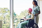 Senior woman, wheelchair or daughter by window while thinking for cancer treatment, healthcare or medical support. Elderly person with a disability, patient or caregiver help in home with future idea
