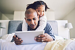 Girl, hug or father with tablet for streaming a movie to relax together and watch cartoon in family home. Affection, love or child with dad for quality bonding time with gadget on internet in bedroom