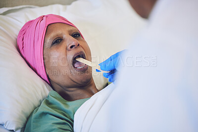 Buy stock photo Throat stick, cancer and patient in bed with cold, flu or respiratory illness at her home. Sick, medical and woman at a doctor consultation or checkup for infection or disease in clinic or hospital.