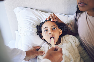 Buy stock photo Doctor, exam and sick child with mother in a bedroom for a consultation, health check or help. Morning, house and a medic with inspection of a girl kid for healthcare, throat or mouth flu with a mom