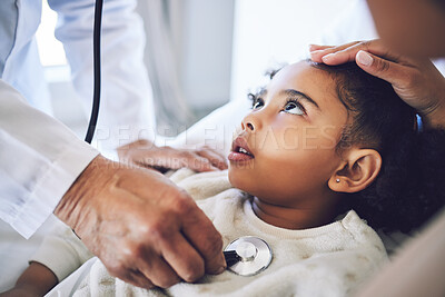 Buy stock photo Hands, stethoscope and doctor with child for heart healthcare, breathing or check lungs for wellness in hospital. Girl, medical professional or pediatrician with cardiology instrument in consultation
