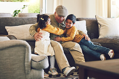 Buy stock photo Hug, grandfather or happy kids on a sofa with love enjoying quality bonding time together in family home. Smile, affection or senior grandparent relaxing with young children siblings on house couch 