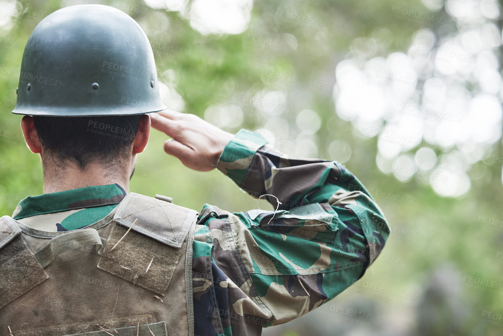 Buy stock photo Army, man back and salute portrait in military of a veteran with security, protection and battle. Male person, soldier and field with surveillance, hero and war leader with camouflage in nature