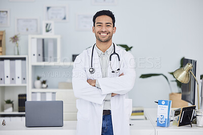 Buy stock photo Happy asian man, doctor and arms crossed in confidence of healthcare consultant at the office. Portrait of confident and male person or medical professional ready for health consultation or advice
