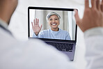Video call, screen and doctor for virtual support, clinic consultation and healthcare service on laptop. Happy senior patient, medical worker or people wave hello on laptop, telehealth help or advice