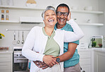 Hug, love and smile with portrait of old couple for support, happy and relax. Happiness, kindness and peace with senior man and woman laughing at home for embrace, trust and retirement together