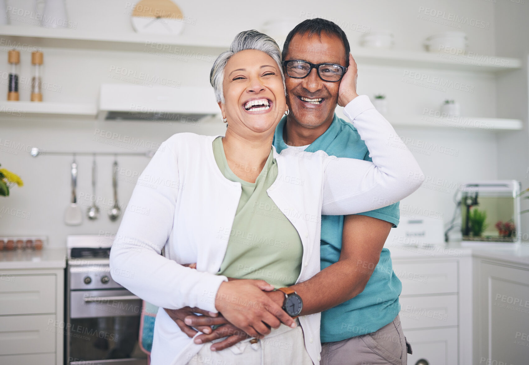 Buy stock photo Hug, love and smile with portrait of old couple for support, happy and relax. Happiness, kindness and peace with senior man and woman laughing at home for embrace, trust and retirement together