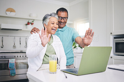 Buy stock photo Senior couple, laptop and hello for video call with internet connection, communication and wave. A man and woman together at home while happy and excited for virtual or online chat with technology