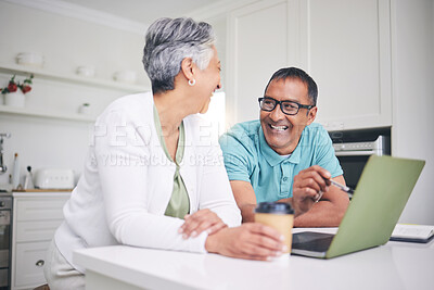 Buy stock photo Laptop, talking and mature couple with internet connection, communication and love. A man and woman together at home while happy about streaming online, social media or search with technology