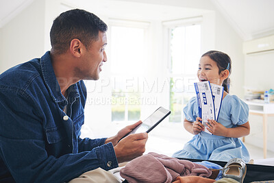 Buy stock photo Happy father, child and tickets for flight, travel or holiday vacation together at home. Excited little girl and dad packing for weekend trip or getaway in celebration with boarding pass in the house