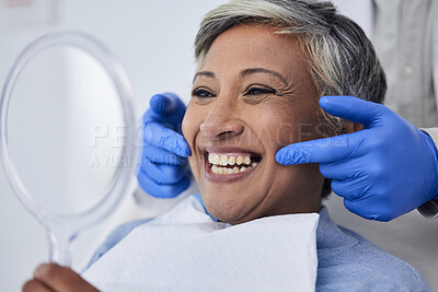 Buy stock photo Senior woman, teeth and smile for dentist in dental care, appointment or checkup at the clinic. Happy elderly female person smile for tooth whitening, cleaning or oral, mouth and gum care at hospital