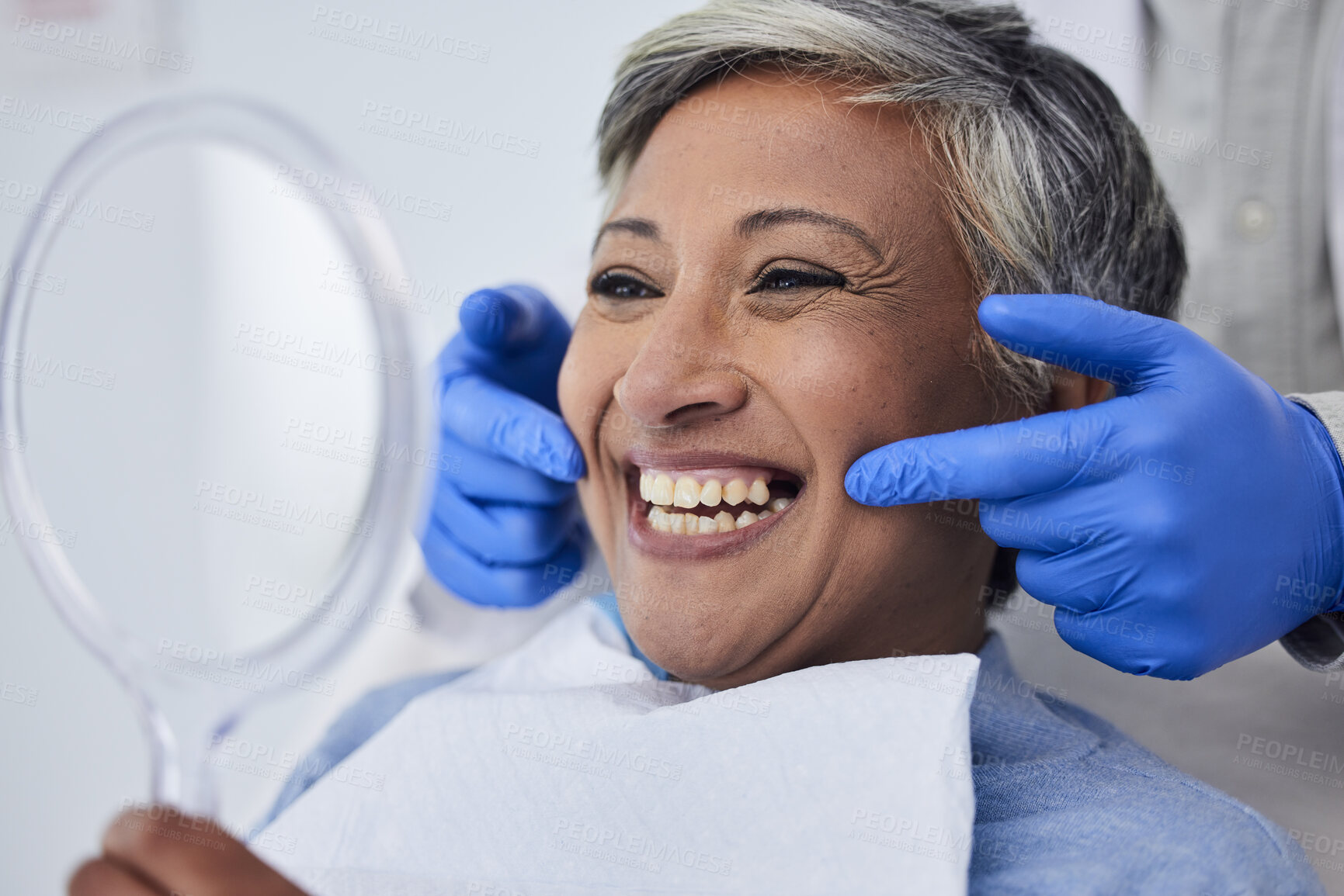 Buy stock photo Senior woman, teeth and smile for dentist in dental care, appointment or checkup at the clinic. Happy elderly female person smile for tooth whitening, cleaning or oral, mouth and gum care at hospital