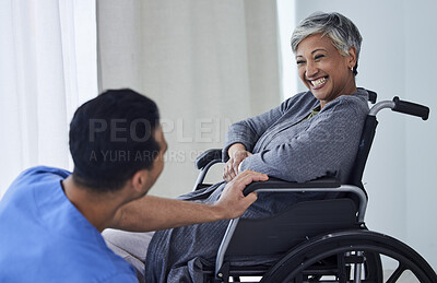 Buy stock photo Doctor, wheelchair and happy woman with support, healthcare service and medical kindness or nursing. Nurse, caregiver and people laugh or senior patient with disability, consulting or helping at home