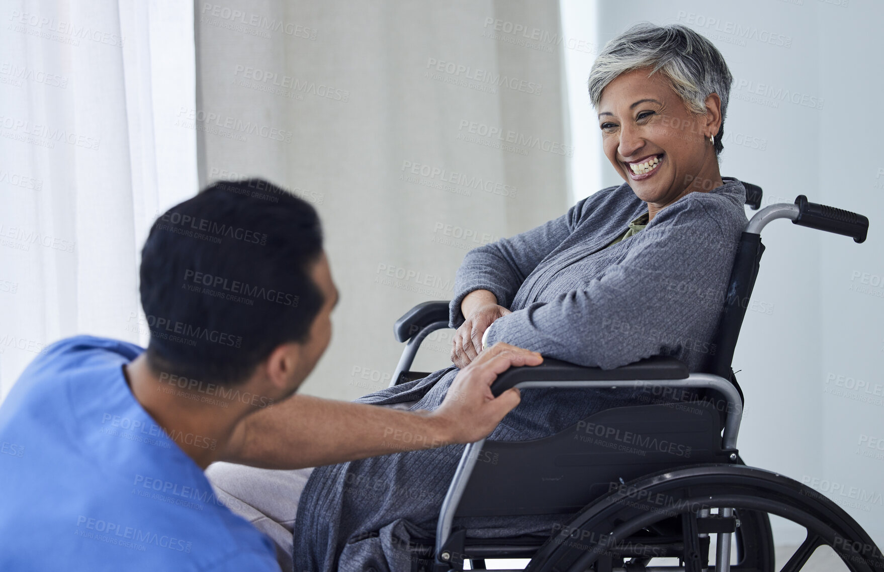 Buy stock photo Doctor, wheelchair and happy woman with support, healthcare service and medical kindness or nursing. Nurse, caregiver and people laugh or senior patient with disability, consulting or helping at home