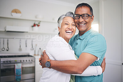 Buy stock photo Happy, hug and smile with portrait of old couple for support, love and relax. Happiness, kindness and peace with senior man and woman in embrace at home for marriage, trust and retirement together
