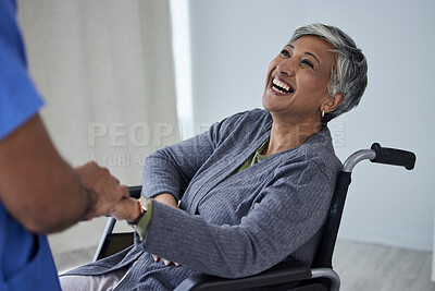 Buy stock photo Happy woman with disability in wheelchair holding hands with nurse for support, physical therapy and kindness. Mature female patient smile with caregiver for medical trust, helping and rehabilitation
