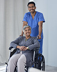 Happy male nurse, woman with disability in wheelchair and medical trust for wellness, support and healthcare. Portrait of patient, caregiver and man smile for rehabilitation service in nursing clinic