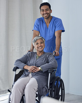 Buy stock photo Happy male nurse, woman with disability in wheelchair and medical trust for wellness, support and healthcare. Portrait of patient, caregiver and man smile for rehabilitation service in nursing clinic