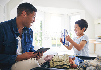 Buy stock photo Plane ticket, luggage and father with excited family and holiday suitcase with dad and boy child. Home, bag and helping in a bedroom for vacation and packing with son and kid together with a smile