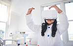 Girl, kid and virtual reality, science and learning with education, metaverse experience and future technology. Young scientist, digital world and 3D with female child, VR goggles and development