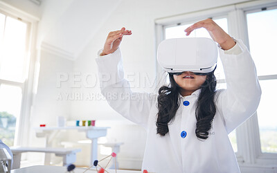 Buy stock photo Girl, kid and virtual reality, science and learning with education, metaverse experience and future technology. Young scientist, digital world and 3D with female child, VR goggles and development