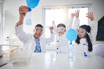 Buy stock photo Science, happy family and father with kids in living room with balloon for chemistry, reaction or experiment. Physics, test and parent with children celebrating, bottle, gas or learning fun analysis