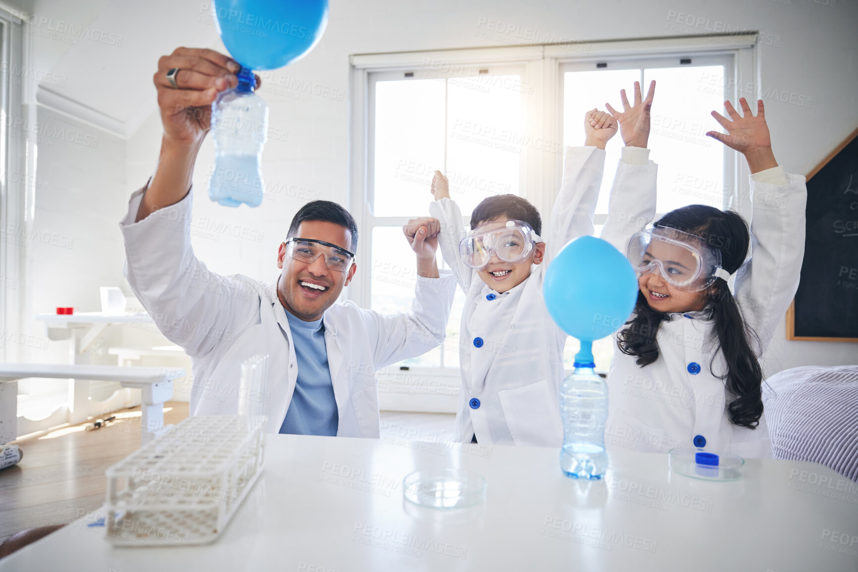 Buy stock photo Science, happy family and father with kids in living room with balloon for chemistry, reaction or experiment. Physics, test and parent with children celebrating, bottle, gas or learning fun analysis