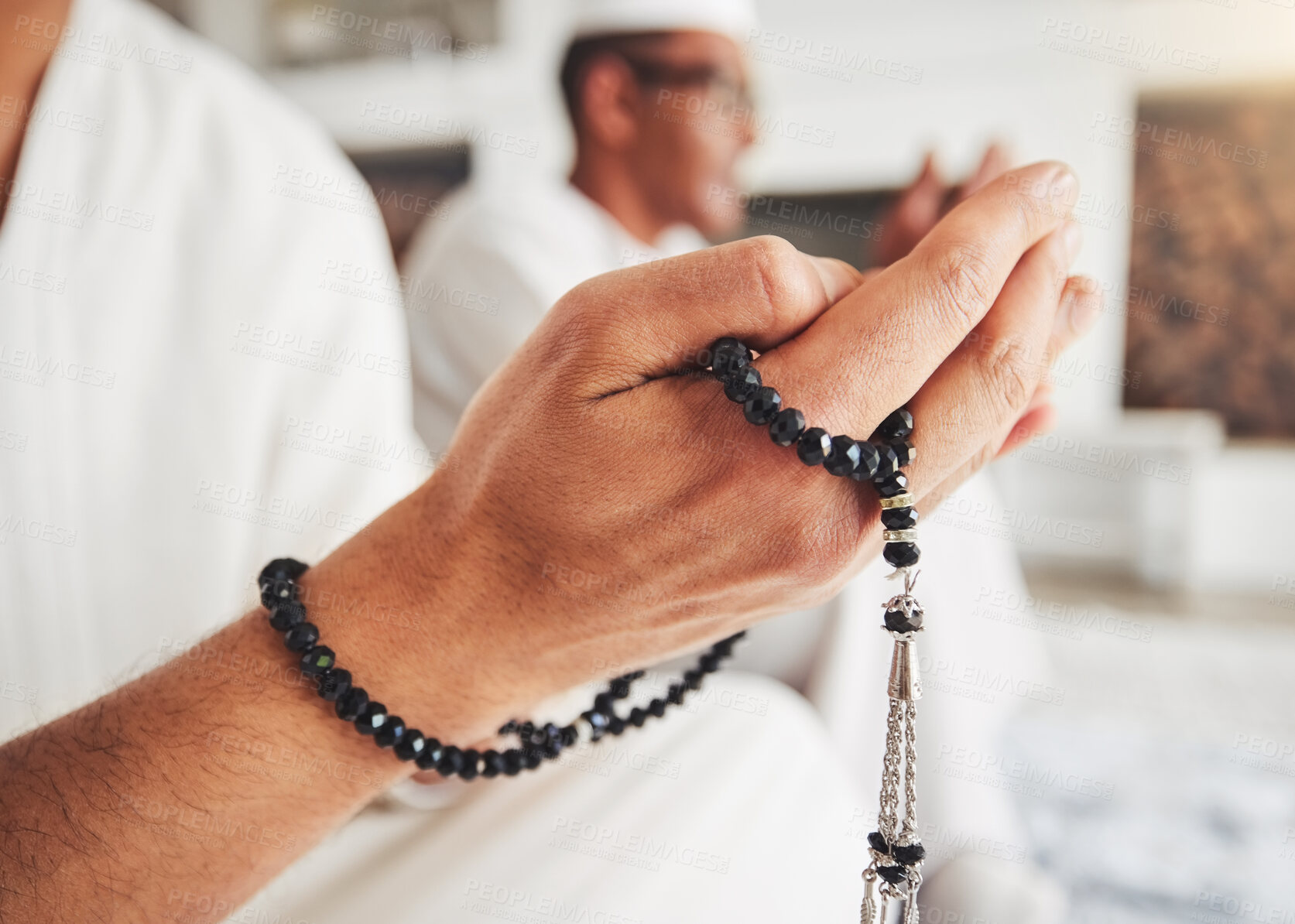 Buy stock photo Prayer beads, Muslim person hands and Islamic faith, worship and trust in God with peace and religion. Devotion, spiritual and Islam with gratitude, respect and closeup with praying in the Mosque