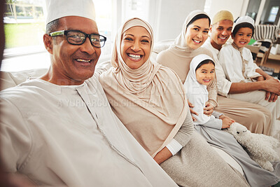 Buy stock photo Selfie, Islam and big family on couch for Eid, parents and grandparents with kids in happy home in Dubai. Portrait of Muslim men, women in hijab and children, generations on sofa together in lounge.