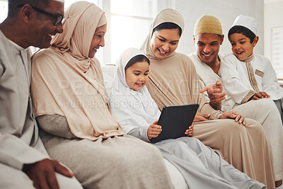 Buy stock photo Big family, Muslim parents or happy kids with tablet for learning, Islamic info or studying in Allah or God. Grandparents, dad or Arabic mom with kids reading online ebook on worship prayer at home