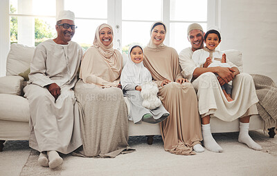 Buy stock photo Portrait, Islam and big family on sofa for Eid with parents, grandparents and kids in home culture in Indonesia. Muslim men, women in hijab and happy children, generations on couch together in lounge