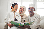 Happy family, Muslim parents or child reading book for learning, Islamic knowledge or studying Allah. Support, father or Arab mom laughing or teaching kid worship, prayer or knowledge at family home