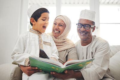 Buy stock photo Happy family, Muslim parents or child reading book for learning, Islamic knowledge or studying Allah. Support, funny father or Arabic mom laughing or teaching kid worship, prayer or religion at home