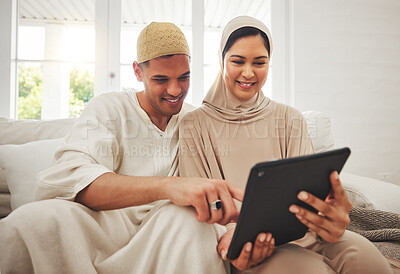 Buy stock photo Love, Muslim or elderly couple reading tablet information, online shopping or scroll on social media app. Streaming media, Islamic home or Arab man, woman and happy senior people watch internet video