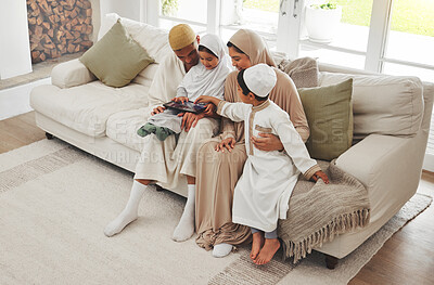 Buy stock photo Family house, children or Muslim parents with tablet for elearning, Islamic info or studying in Allah or God. Child development, dad or Arab mom with young kids reading online ebook on social media