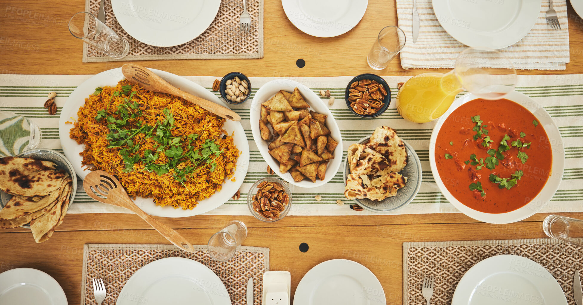 Buy stock photo Food, Eid Mubarak and above of lunch for family at table for Islamic celebration, festival and dinner. Ramadan, religion and top view of feast, meal and cuisine for fasting, holiday and culture