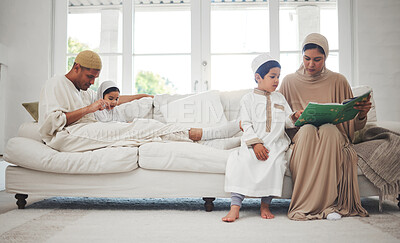 Buy stock photo Learning, Muslim parents or kids reading book for Islamic info or studying Allah of God in family home. Support, father or Arabic mom teaching lovely children siblings worship, prayer or knowledge 