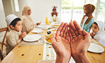 Hands, praying or Muslim family with food to say dua or prayer before breaking fast on holy month of Ramadan. Religion, Islamic or grateful person ready to eat for Eid dinner or iftar meal at home