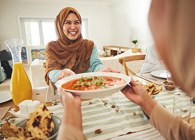 Buy stock photo Food, smile and muslim with family at table for eid mubarak, Islamic celebration and lunch. Ramadan festival, culture and iftar with people eating at home for fasting, islam and religion holiday