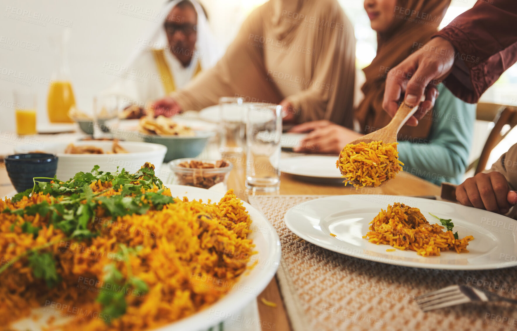 Buy stock photo Food, closeup and muslim with big family at table for eid mubarak, Islamic celebration and lunch. Ramadan festival, culture and iftar with people eating at home for fasting, islam or religion holiday