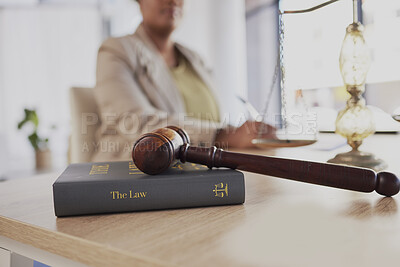 Buy stock photo Gavel, law firm and books on table of attorney in office for judge, justice and court trial. Closeup of advocate, lawyer and worker with hammer, research and legal notebook at desk for constitution 