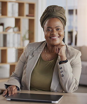 Buy stock photo African woman, working in business and portrait with a smile in office or lawyer in corporate company with legal advice. Happy, success and confidence of attorney in meeting or employee at desk 