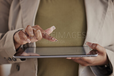 Buy stock photo Business woman, hands and tablet for online planning, company data and research internet information. Closeup, female worker and scroll on digital technology for network connection, website and app
